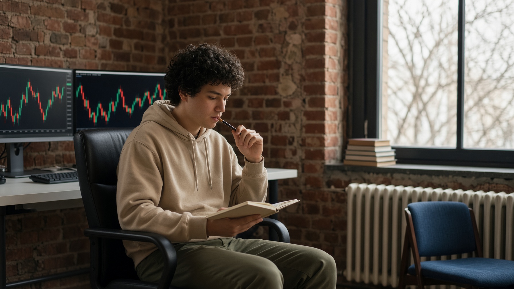 A student in a loft studying notes beside two chart monitors