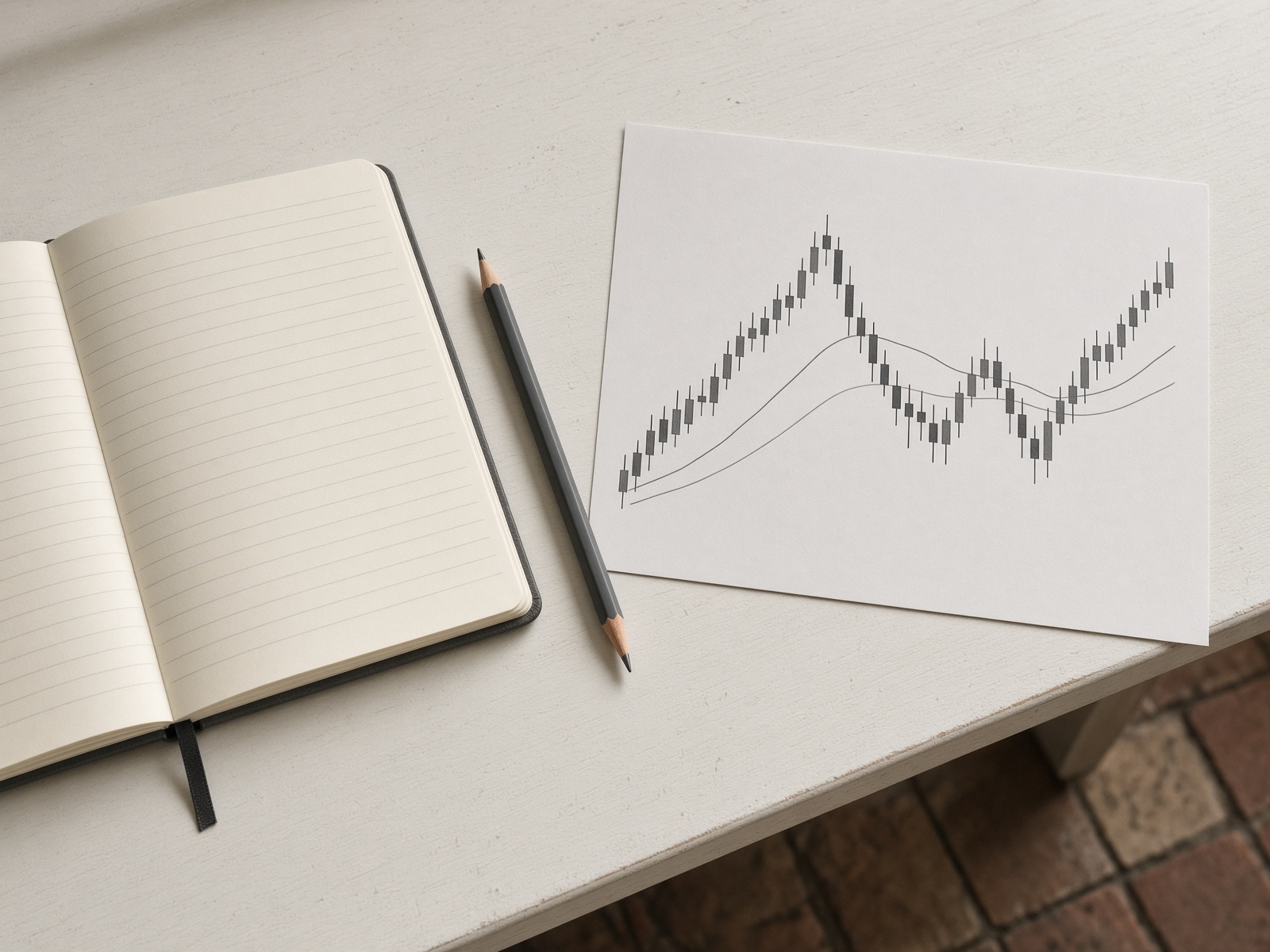 An open journal beside a printed chart on a white desk